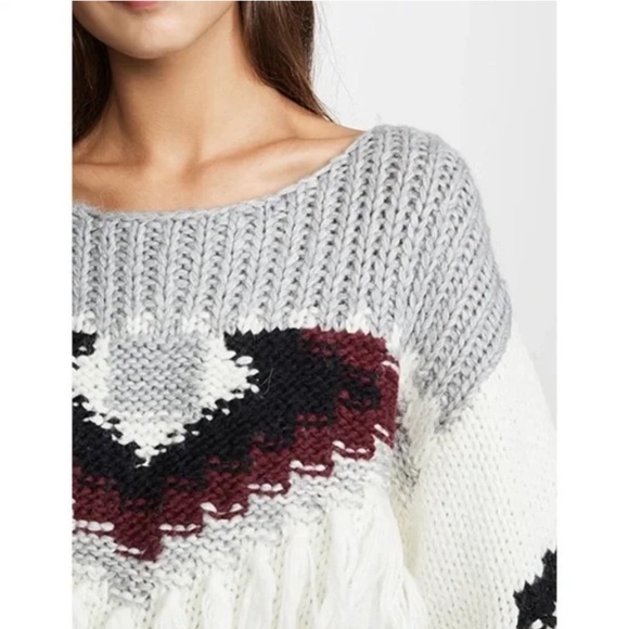 Current/Elliott Women's Rosemary Wool Alpaca Fringe Sweater Grey Cream - Picture 2 of 13